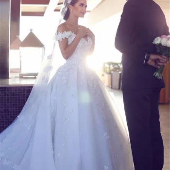 Arabic Vestidos De Noiva Off the Shoulder Wedding Dress 3D Floral Flowers A-line Custom Made Bridal Gown Open Back Court Train